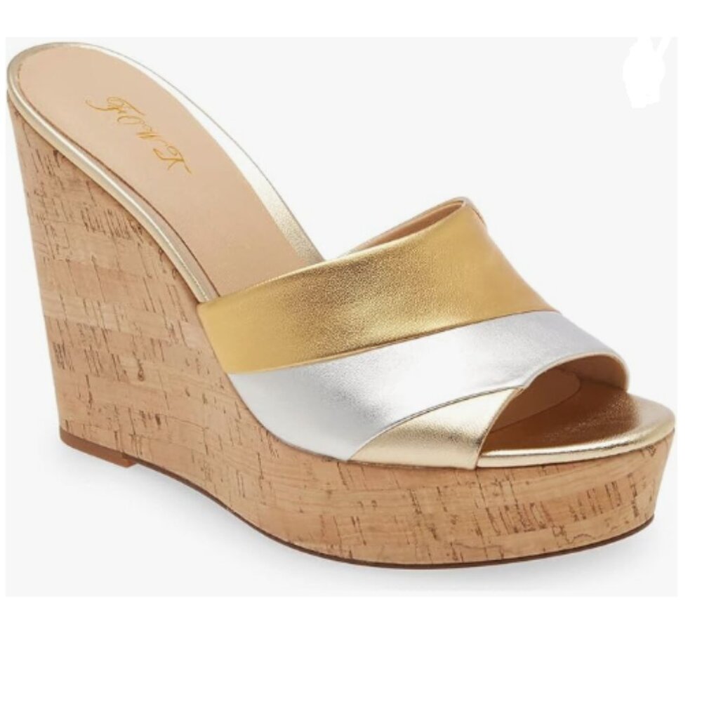 FOWT Gold Platform Two Tone Stripes Patchwork Shallow Wedge Sandals for Woman